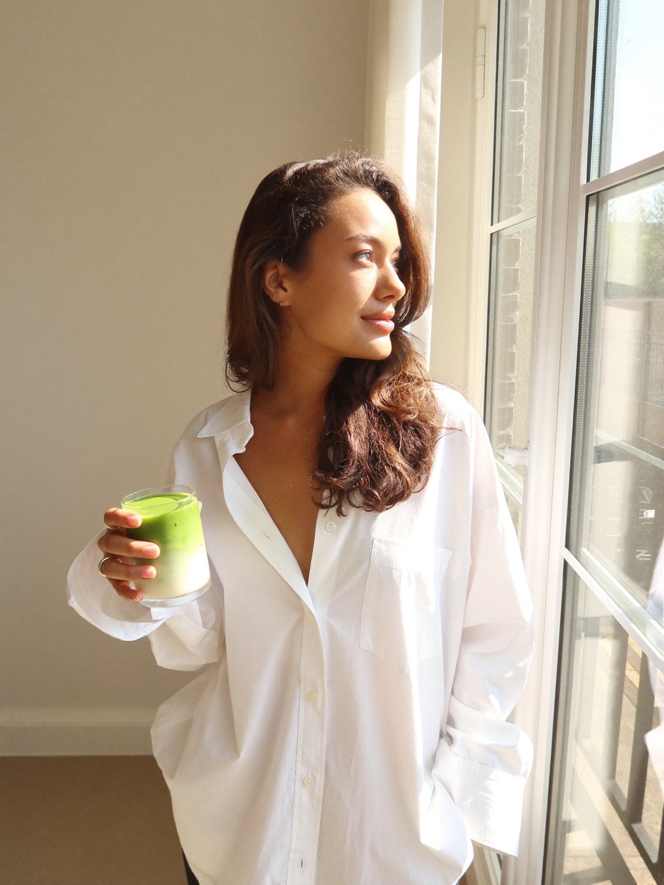 Matcha latte in soft morning light