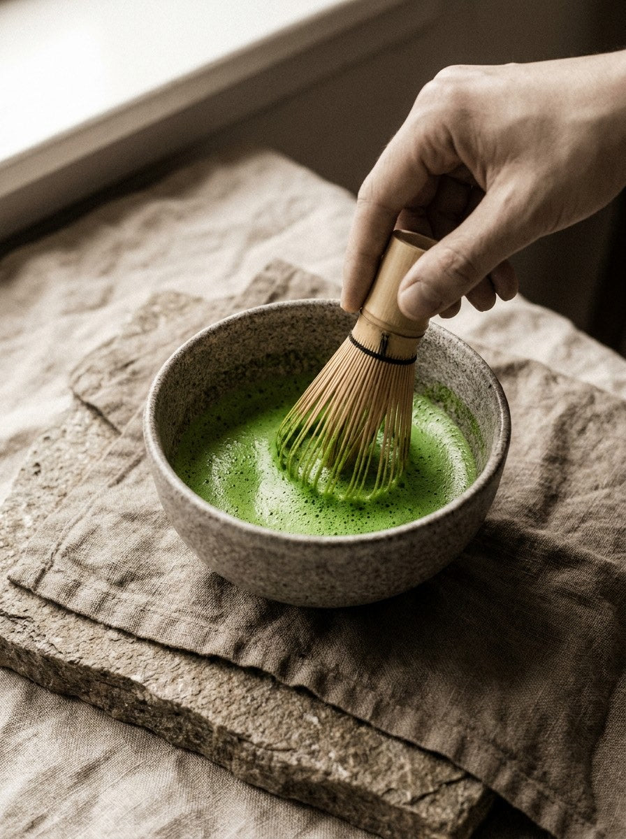 Whisking matcha to a fine foam